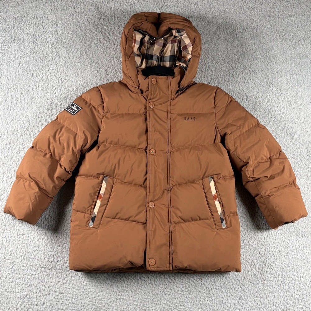 Daks London Kids Brown Down Puffer Jacket Hooded House Check Trim Size 120 7Y